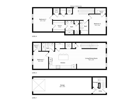 A set of four black and white architectural floor plans showing different levels of a building.